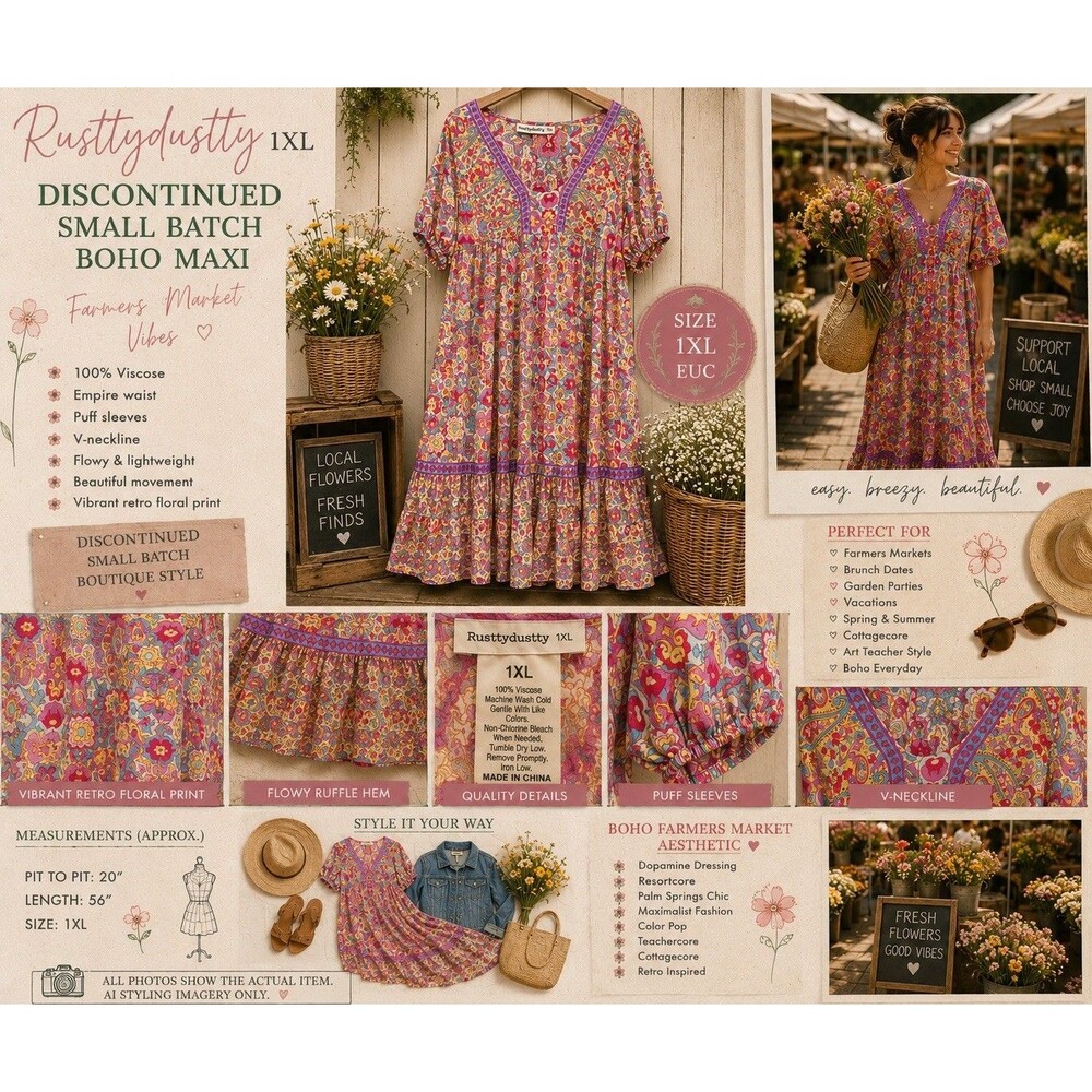 EUC Rusttydustty 1XL Discontinued Boho Maxi Floral Dress Resortcore Art Teacher